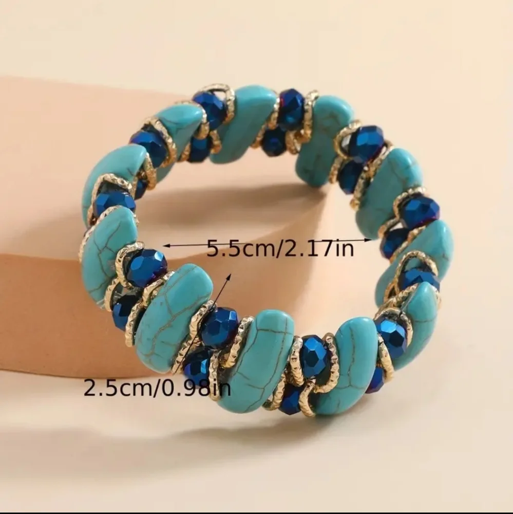 Unique Boho Style Crystal High-Quality Turquoise Elaatic Bangle Brecelet.